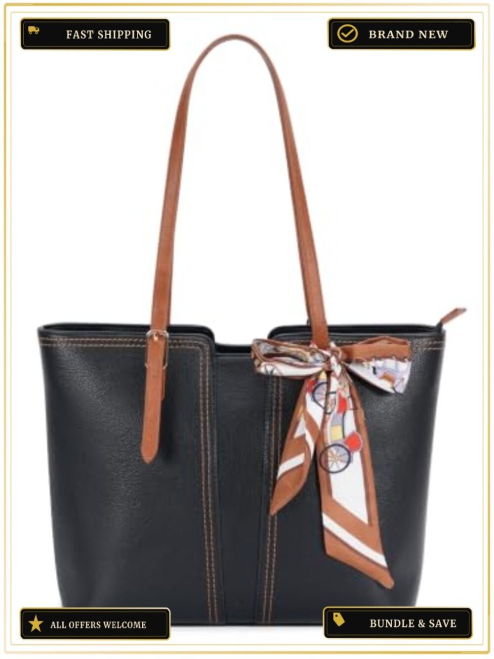 Women's PU Leather Tote Bag Work Handbag with Adjustable Strap